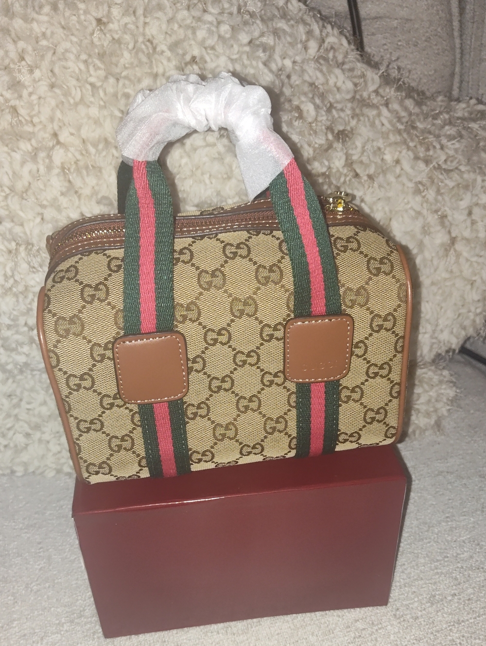 Beige Monogram Shoulder Bag with Green-Red Straps